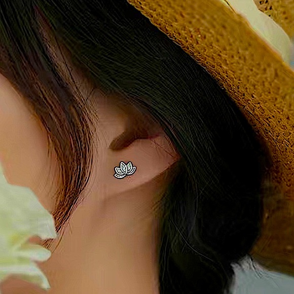 Sterling Silver Lotus Flower Stud Minimalist Earrings - Picture 3 of 6